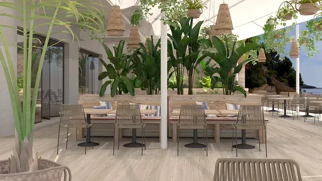 Una impresión artística de un restaurante con mesas y sillas.