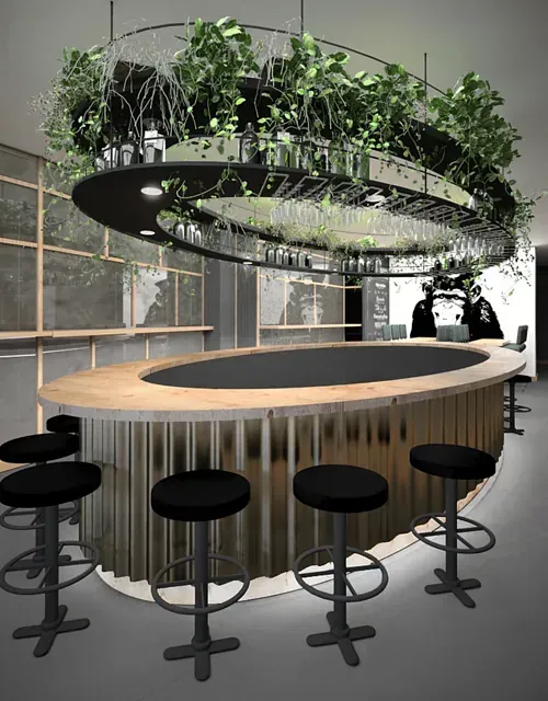 Impresión artística de un bar con taburetes.