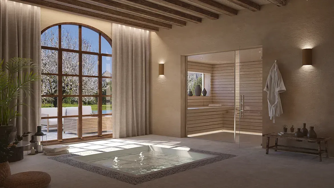Impresión artística de un baño con jacuzzi y una gran ventana.