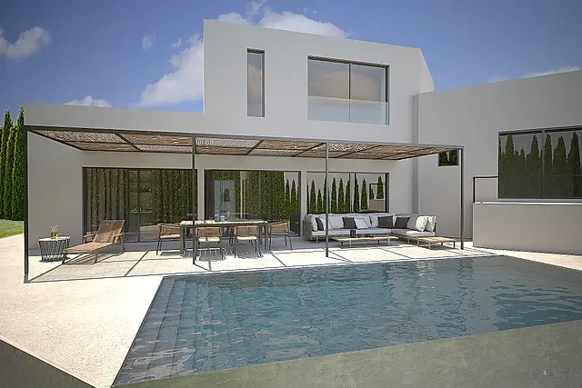Impresión artística de una casa con piscina y muebles de patio.