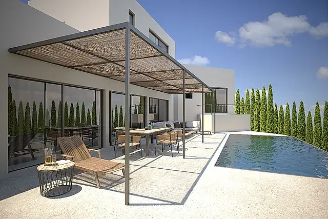 Impresión artística de una casa con piscina y pérgola.