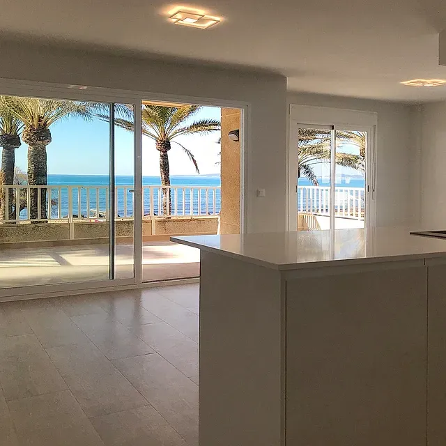 Una cocina con vista al mar y palmeras.