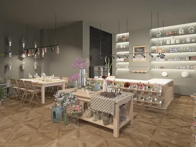 Una representación 3D de una florería con mesas y sillas.