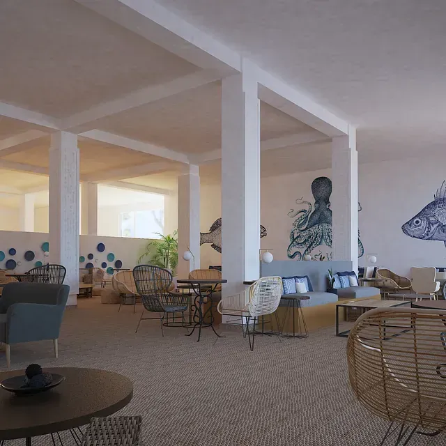 Una habitación grande con un cuadro de un pulpo en la pared.