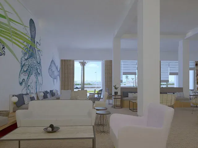 Una sala de estar con un sofá, sillas, mesas y un cuadro en la pared.