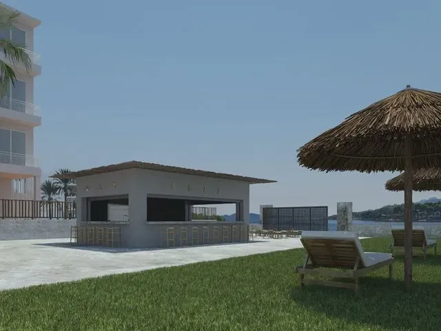 Una representación de un bar de playa con sillas y sombrillas.