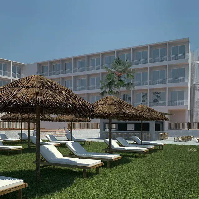 Un gran edificio con muchas sillas y sombrillas en frente.