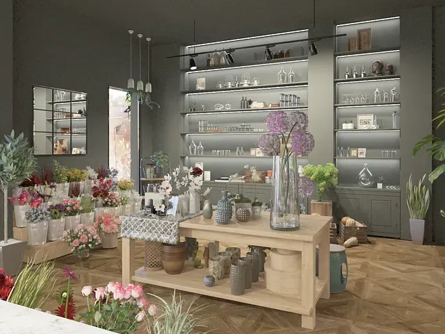 Una representación 3D de una florería con una mesa y estantes llenos de jarrones de flores.
