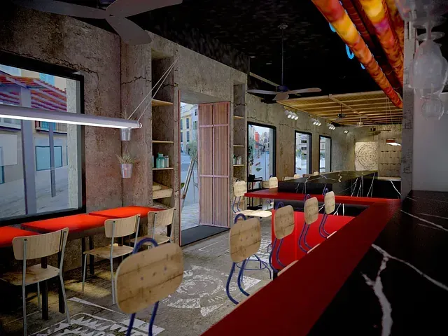 Impresión artística de un restaurante con mesas y sillas.