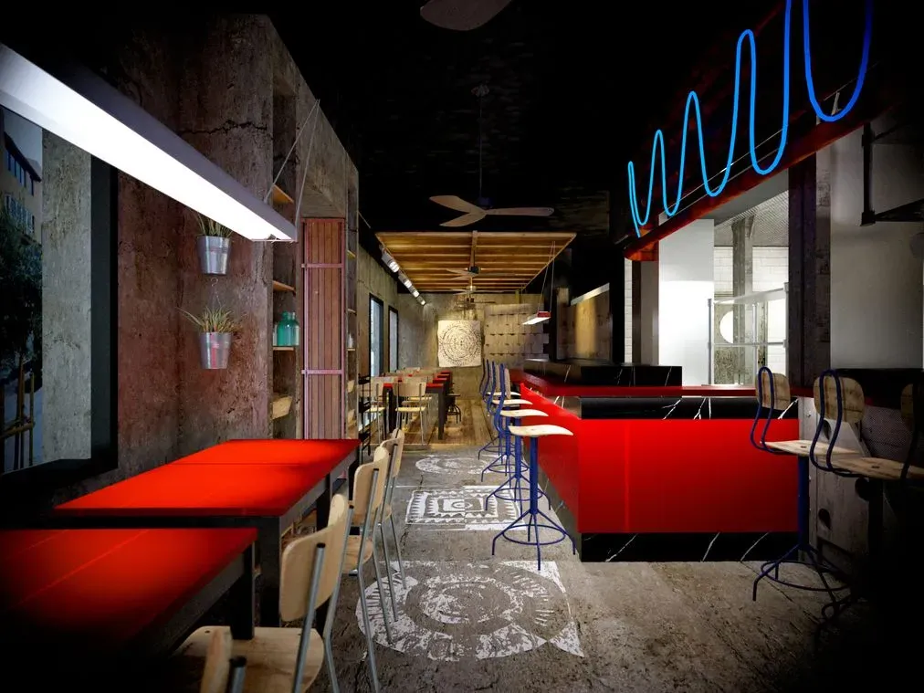 Impresión artística de un restaurante con mesas y sillas rojas.