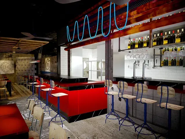 Una impresión artística de un restaurante con mesas y sillas y un bar.