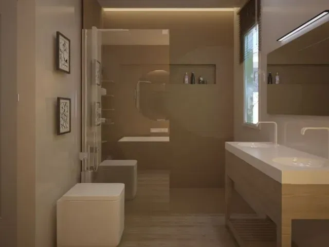 Un baño con dos lavabos y un espejo.