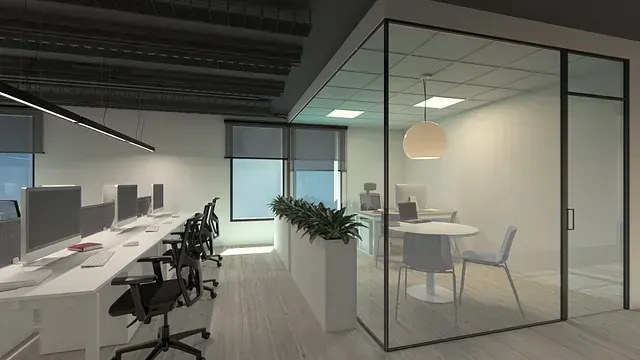 Una imagen generada por computadora de una oficina moderna con una pared de vidrio.