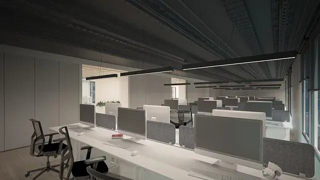 Impresión artística de una oficina con muchos escritorios y sillas.