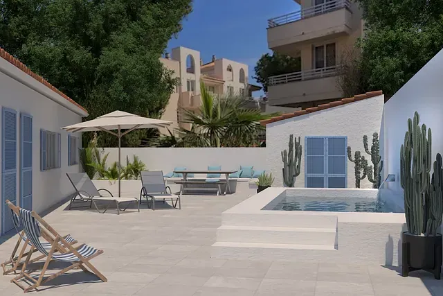 Un patio con sillas, sombrillas, una mesa y una piscina.