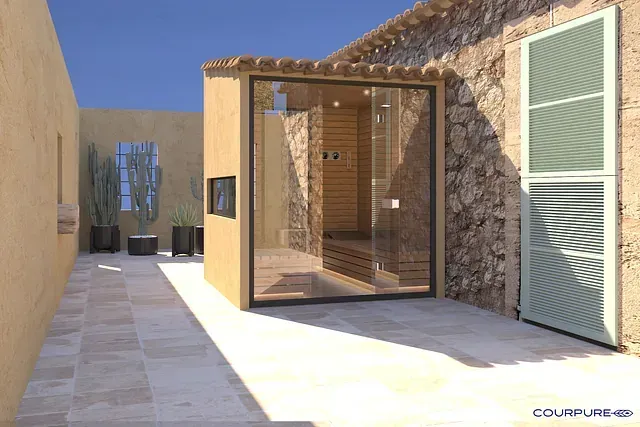 Representación 3D de un edificio con una puerta corrediza de vidrio.