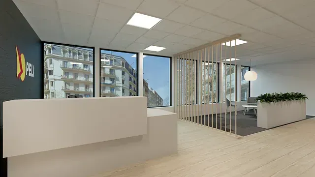 Una impresión artística de un área de recepción en un edificio de oficinas.