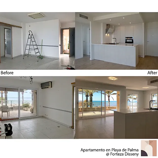 Una foto de antes y después de una sala de estar y una cocina.