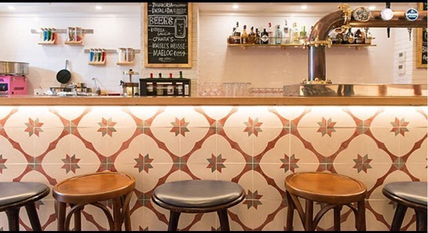 Una barra con taburetes y una pizarra en la pared.