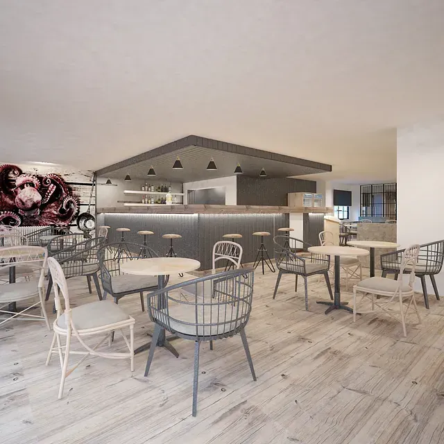 Impresión artística de un restaurante con mesas y sillas.