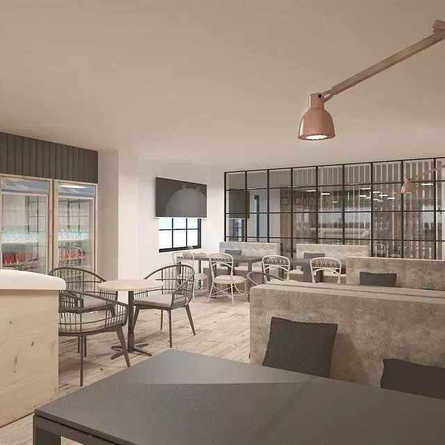 Impresión artística de un restaurante con mesas y sillas.