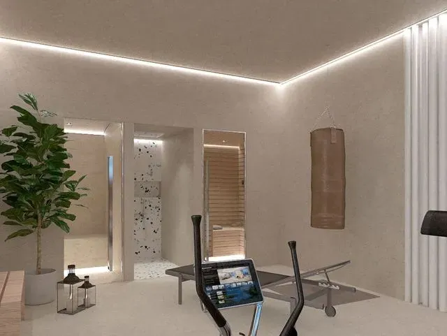 Una impresión artística de un gimnasio en casa con una máquina elíptica.