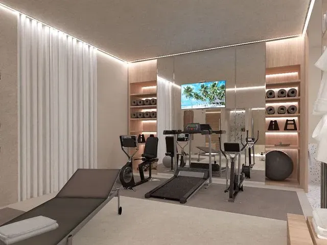 Una impresión artística de un gimnasio en casa con una cinta de correr, una máquina elíptica y un televisor de pantalla plana.