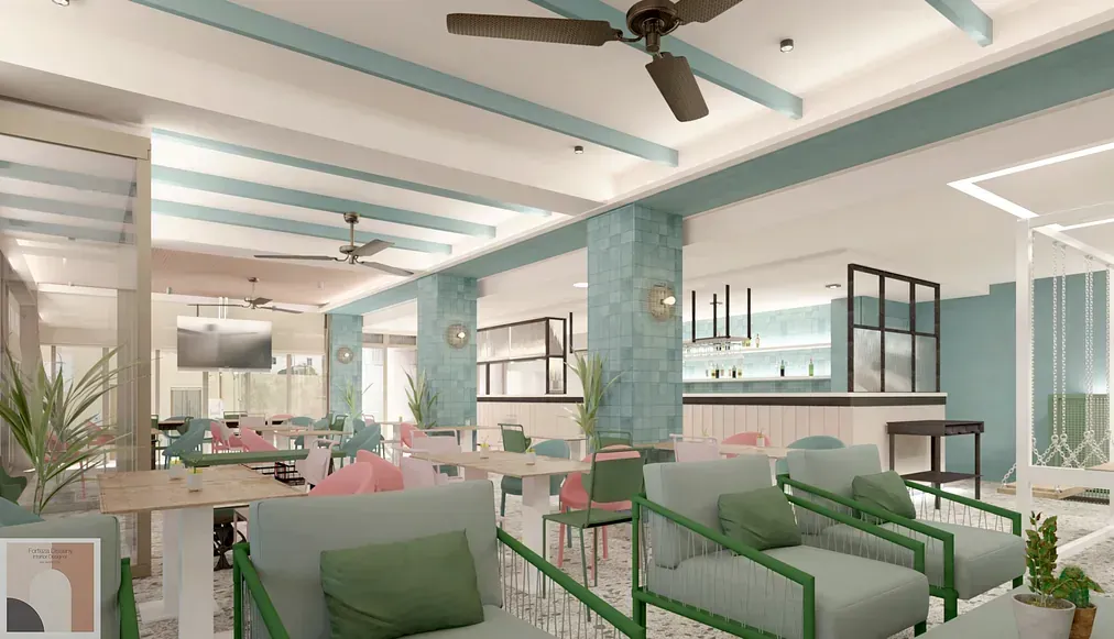 Una habitación grande con muchos muebles y un ventilador de techo.