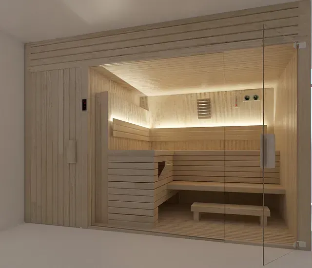 Representación 3D de una sauna de madera con puerta de vidrio.