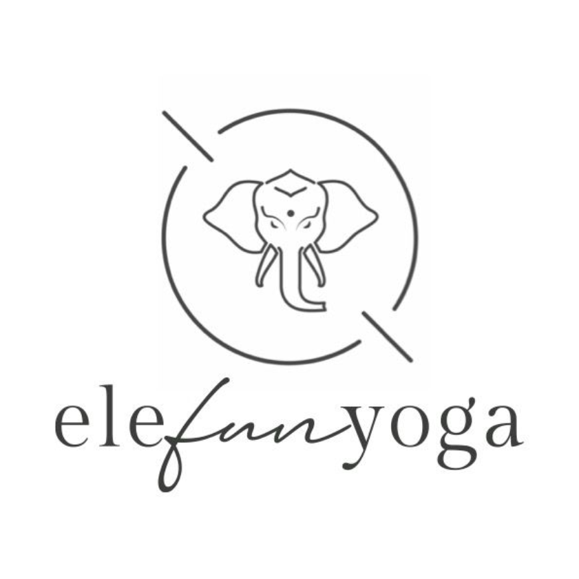 Logotipo de Elefun Yoga: cabeza de elefante dentro de un círculo, texto