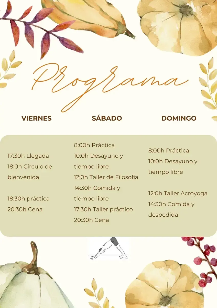 Programa de yoga con temática otoñal. Incluye clases diarias: viernes, sábado y domingo. Calabazas y hojas.