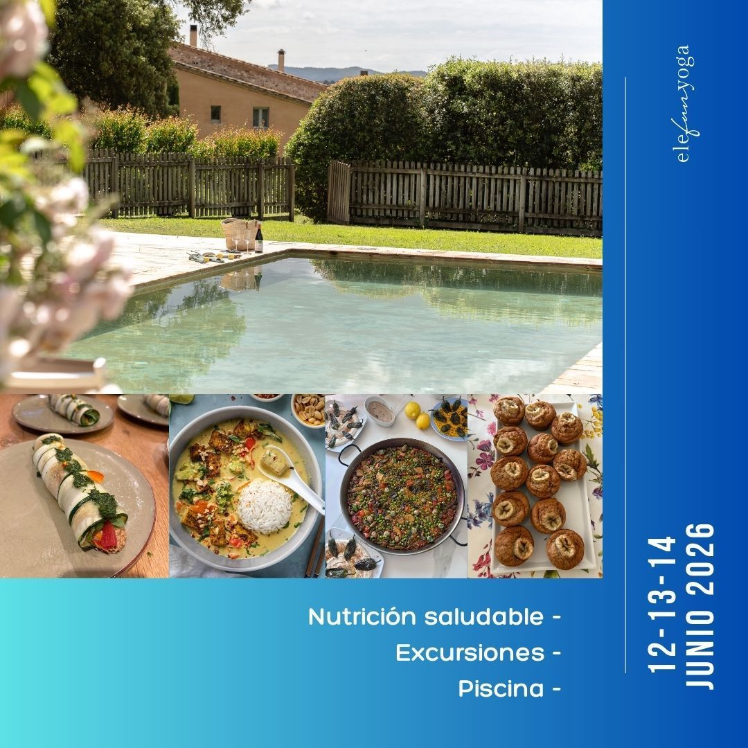 Retiro saludable junto a la piscina con imágenes de alimentos y fechas: del 12 al 14 de junio de 2026.