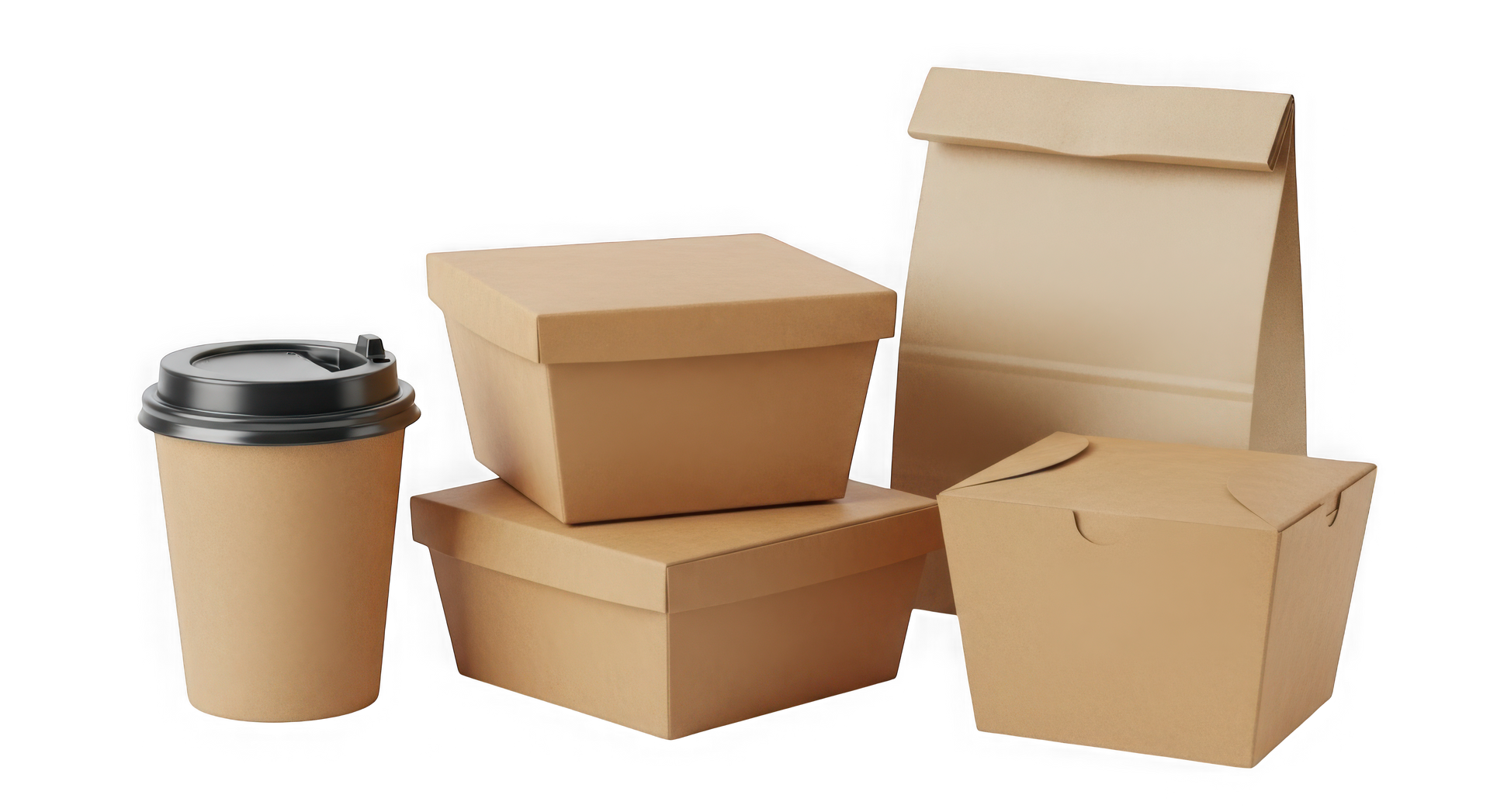Plusieurs boîtes à emporter en carton et une tasse à café avec couvercle.