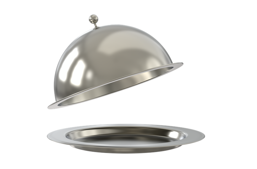 Cloche de service en argent avec couvercle bombé et plateau assorti.