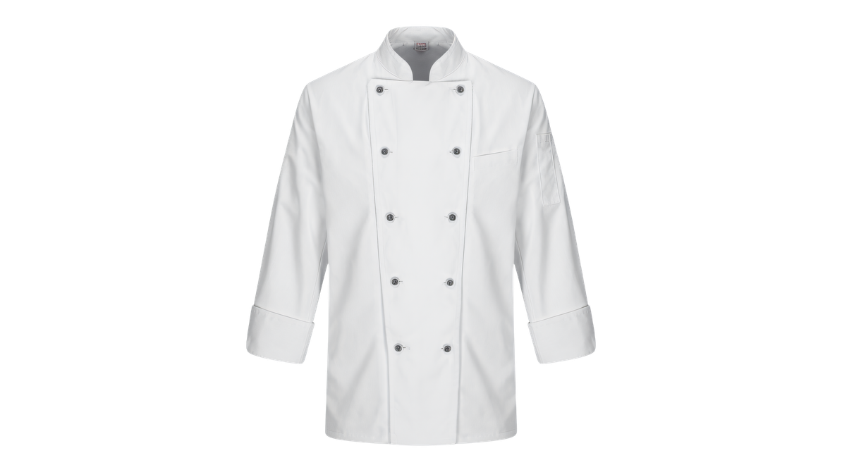 Veste de chef blanche croisée à manches longues.