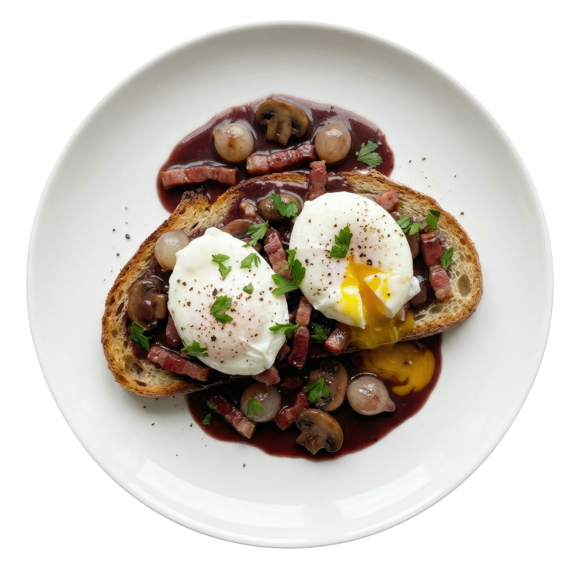 Œufs pochés servis sur du pain grillé avec champignons, herbes et sauce brune dans une assiette blanche.