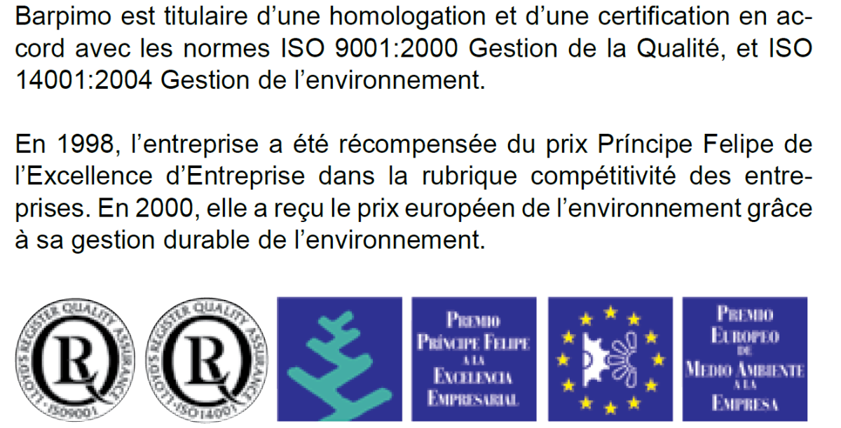 Photo des normes détenus par la marque Barpimo