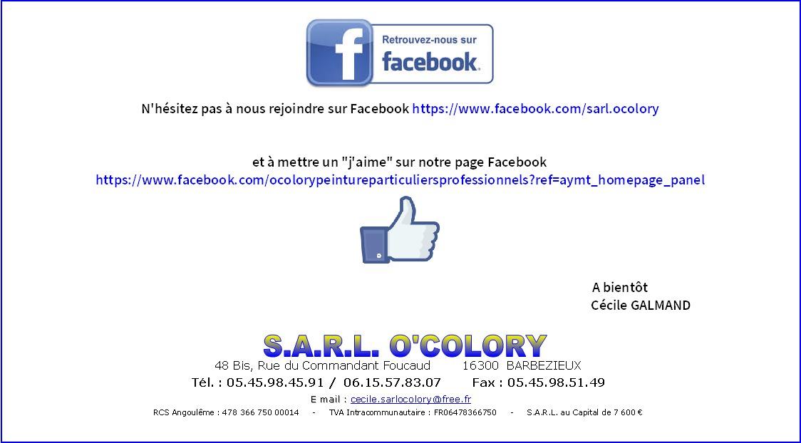 Publicité du magasin O'COLORY pour les rejoindre sur Facebook