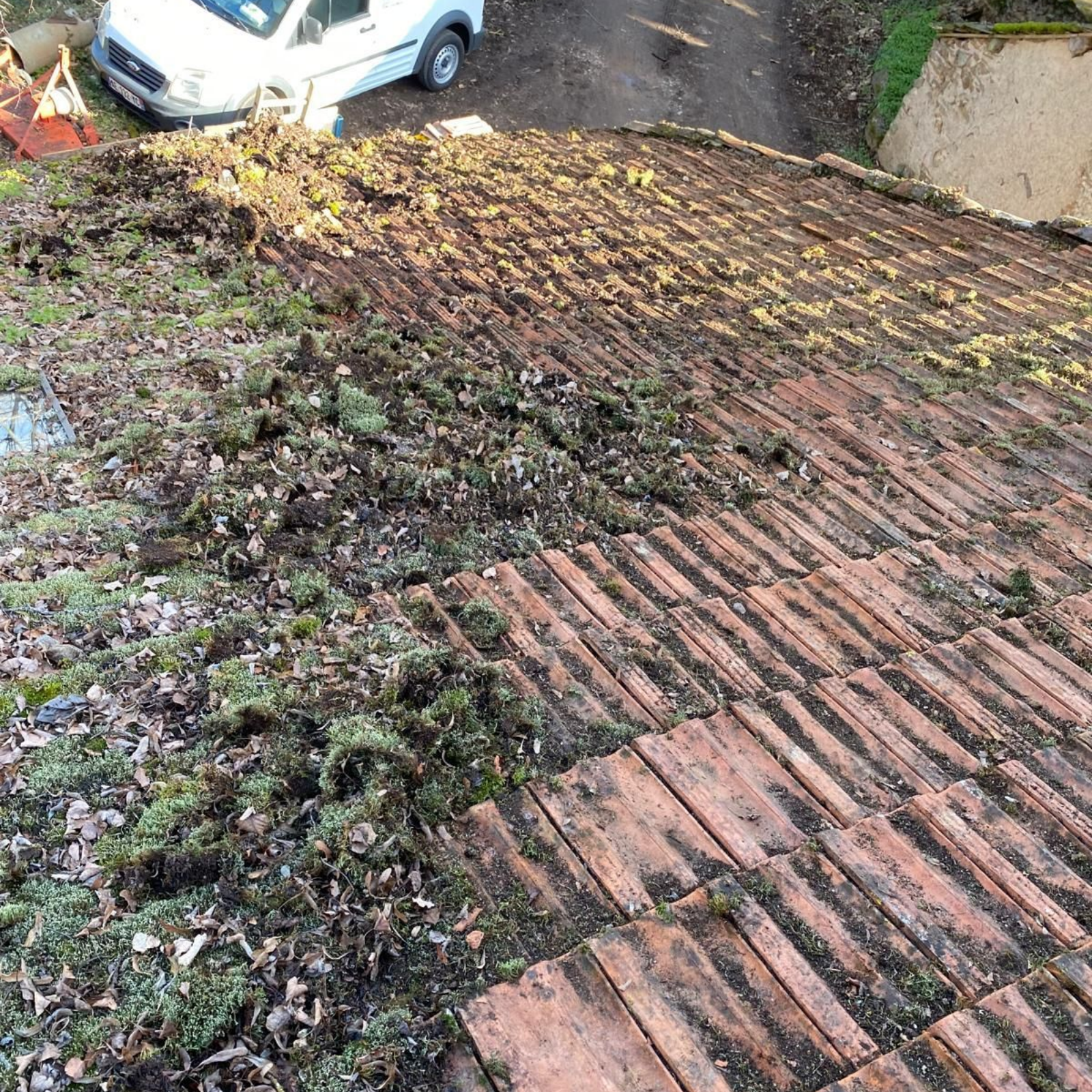 Toit en tuiles recouvert de mousse, en partie nettoyé.