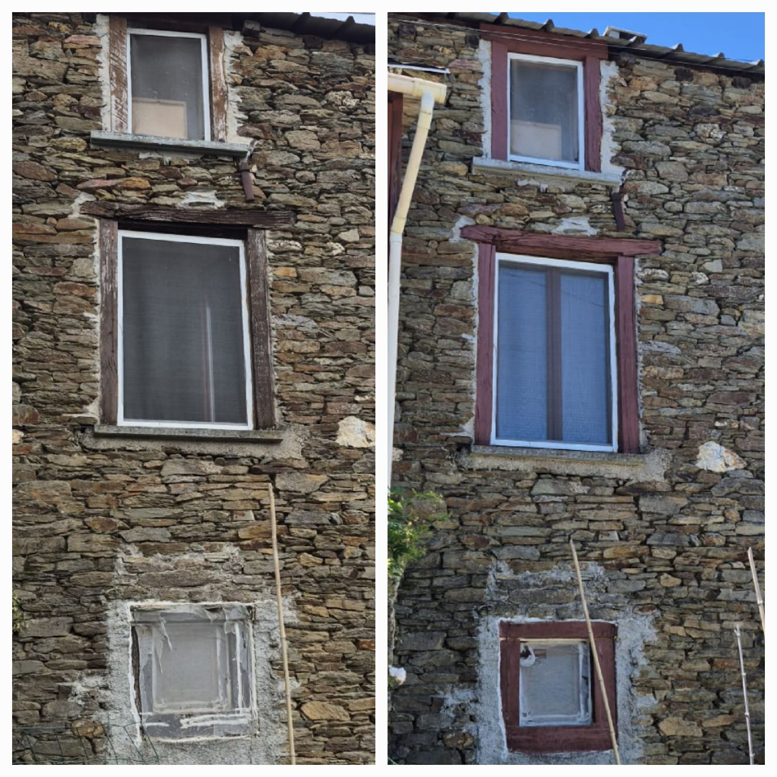 Bâtiment en pierre avec peinture des encadrements de fenêtres