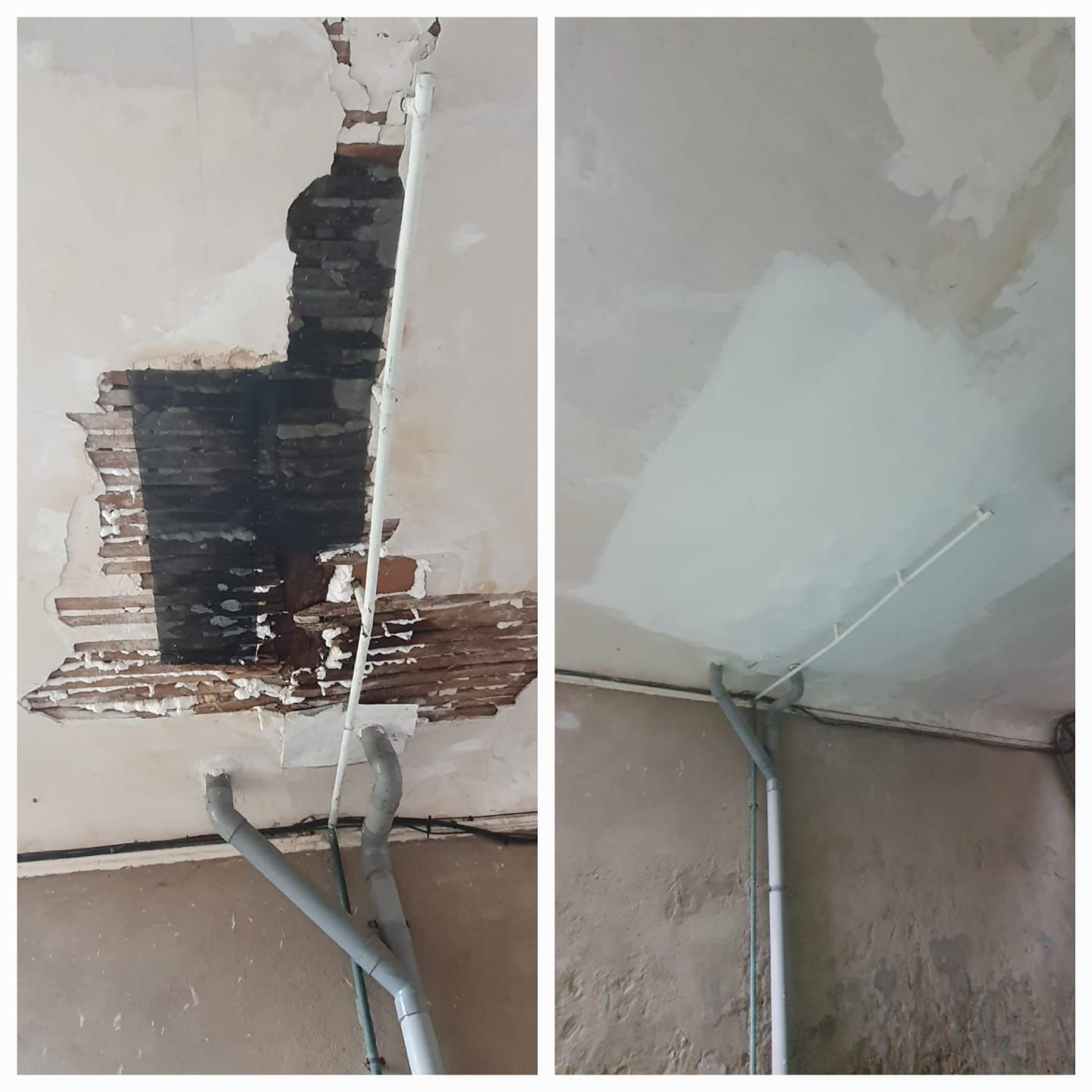 Dégâts au plafond avant et après réparation ; plafond réparé, tuyaux visibles.