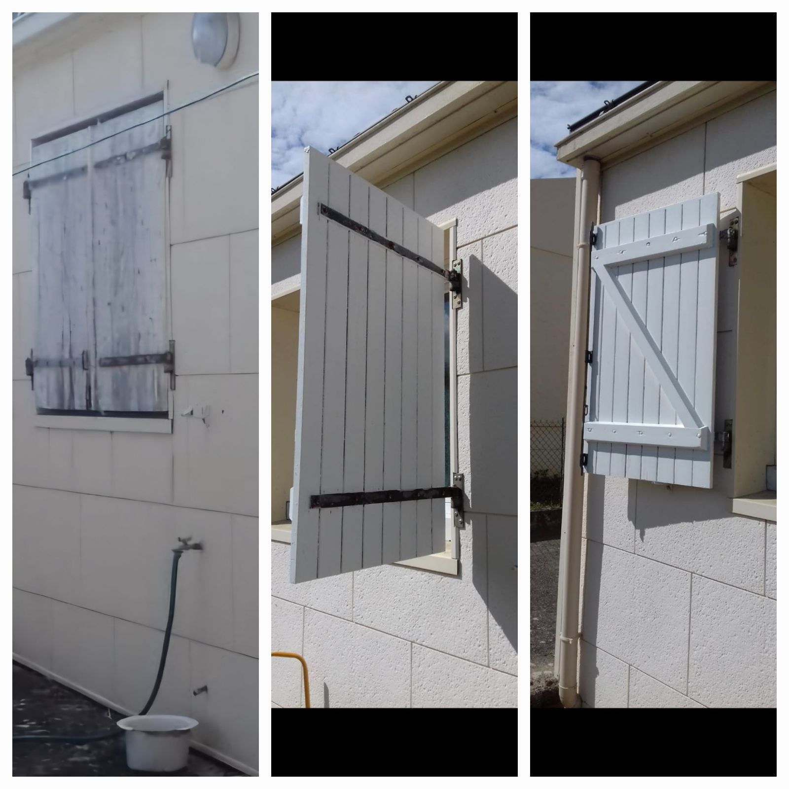 Trois images d'un bâtiment blanc avec des volets en bois blancs. Le volet de gauche est fermé et patiné ; les deux autres sont ouverts et peints en blanc.