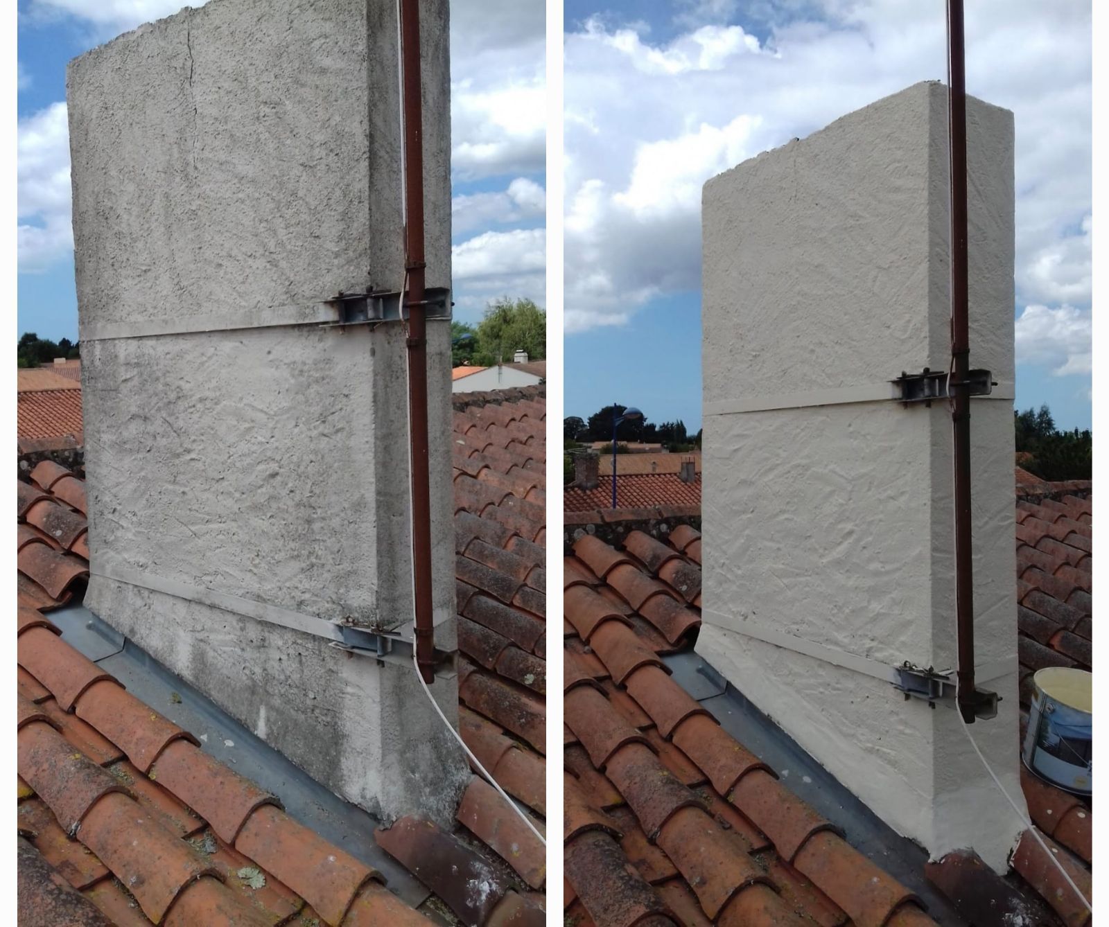 Cheminée avant et après peinture. Gris avant, beige clair après. Tuiles brunes sur fond de ciel bleu.