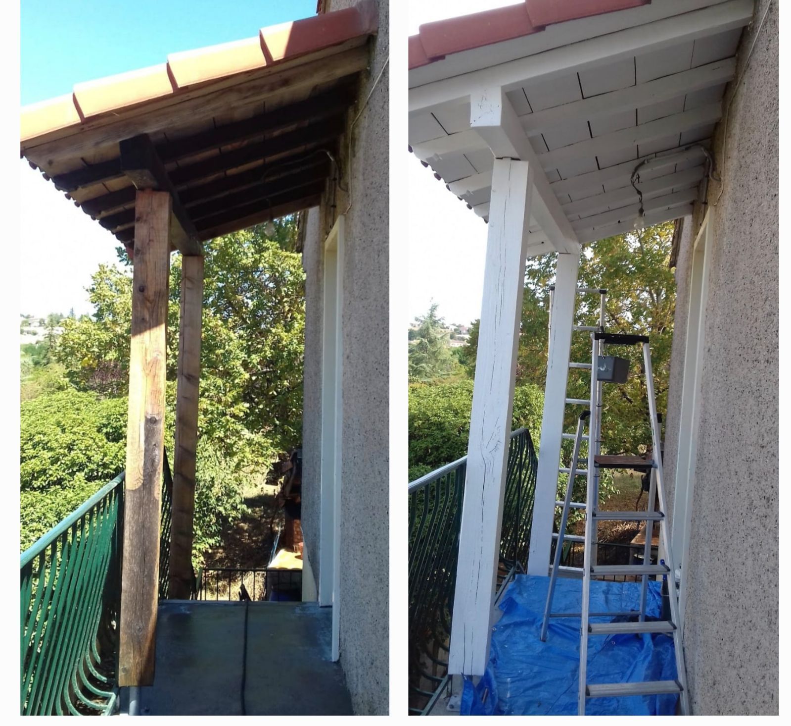 Photos avant/après d'un poteau de porche peint en blanc. Une échelle repose contre le poteau.