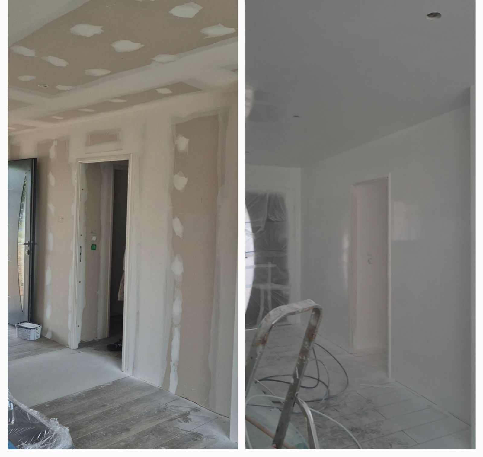 Chambre en cours de rénovation : pose de cloisons sèches (à gauche) et murs peints en blanc (à droite).