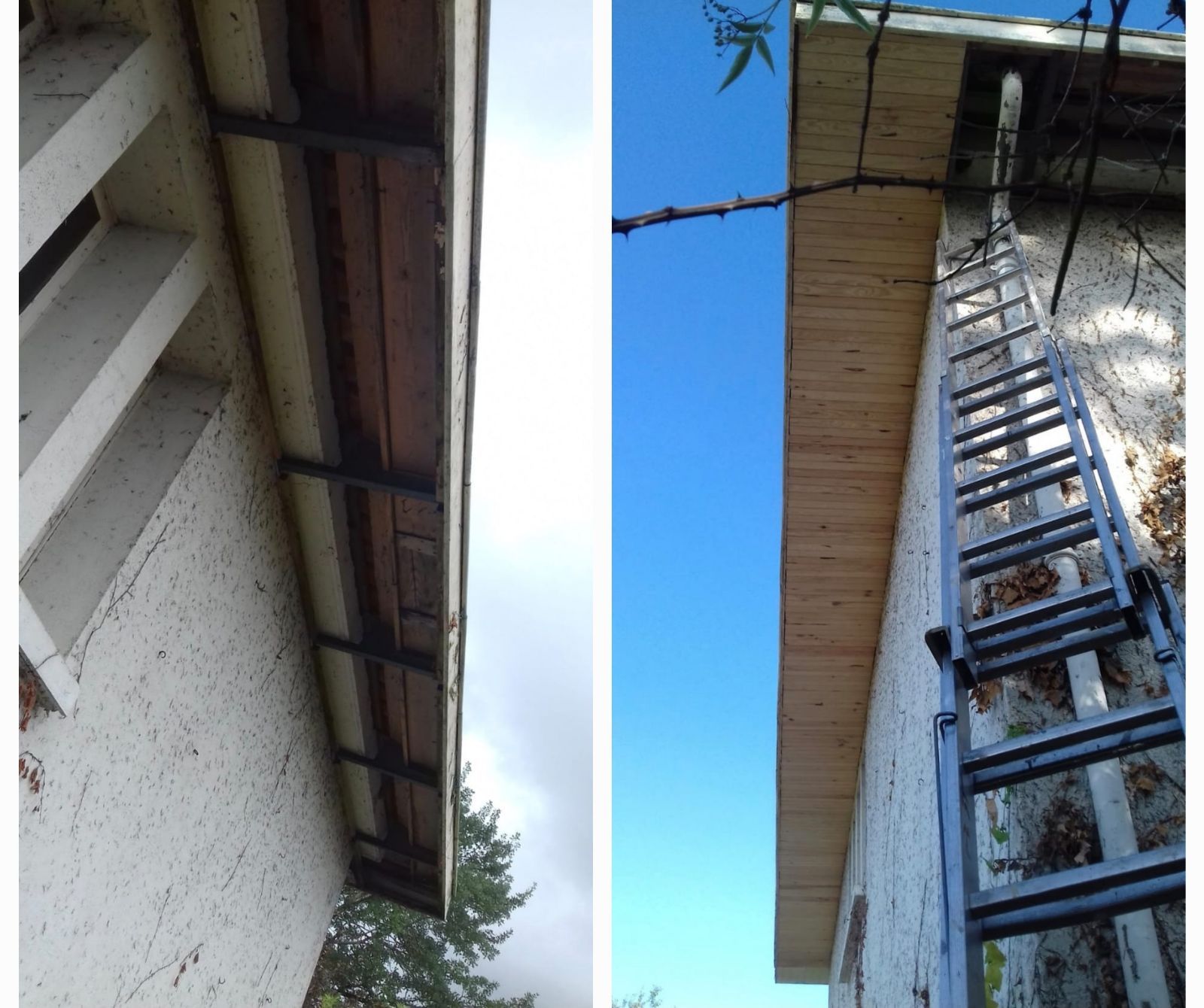 Deux vues de l'avant-toit d'un bâtiment, l'une avec une fenêtre, l'autre avec une échelle contre le mur.