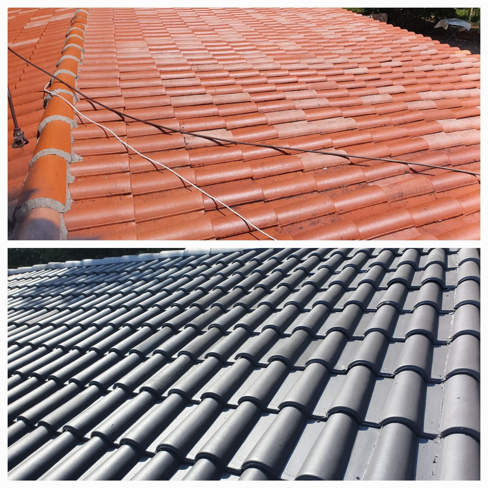 Deux toits de tuiles : l'un rouge-orange, l'autre peint en gris foncé.