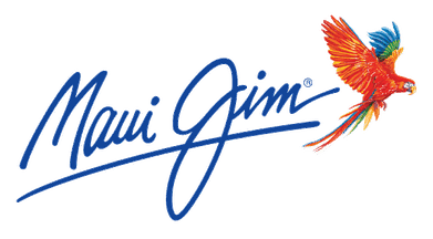 Maui Jim-Logo mit blauer Schrift und einem bunten Papagei.