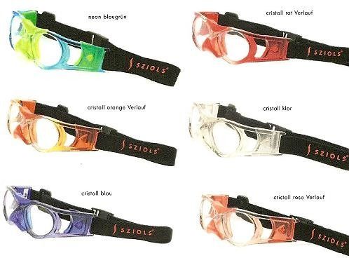 Sechs Paar bunte Sportbrillen mit verstellbaren schwarzen Bändern, verschiedene Rahmenfarben: Grün, Rot, Orange, Klar, Blau und Koralle.