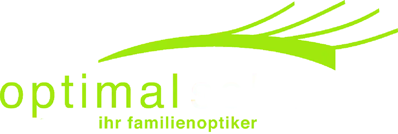 Logo für den Optiker „optimal“ mit grüner Schrift und grün geschwungenem Design. Darunter steht der Text „ihr familienoptiker“.